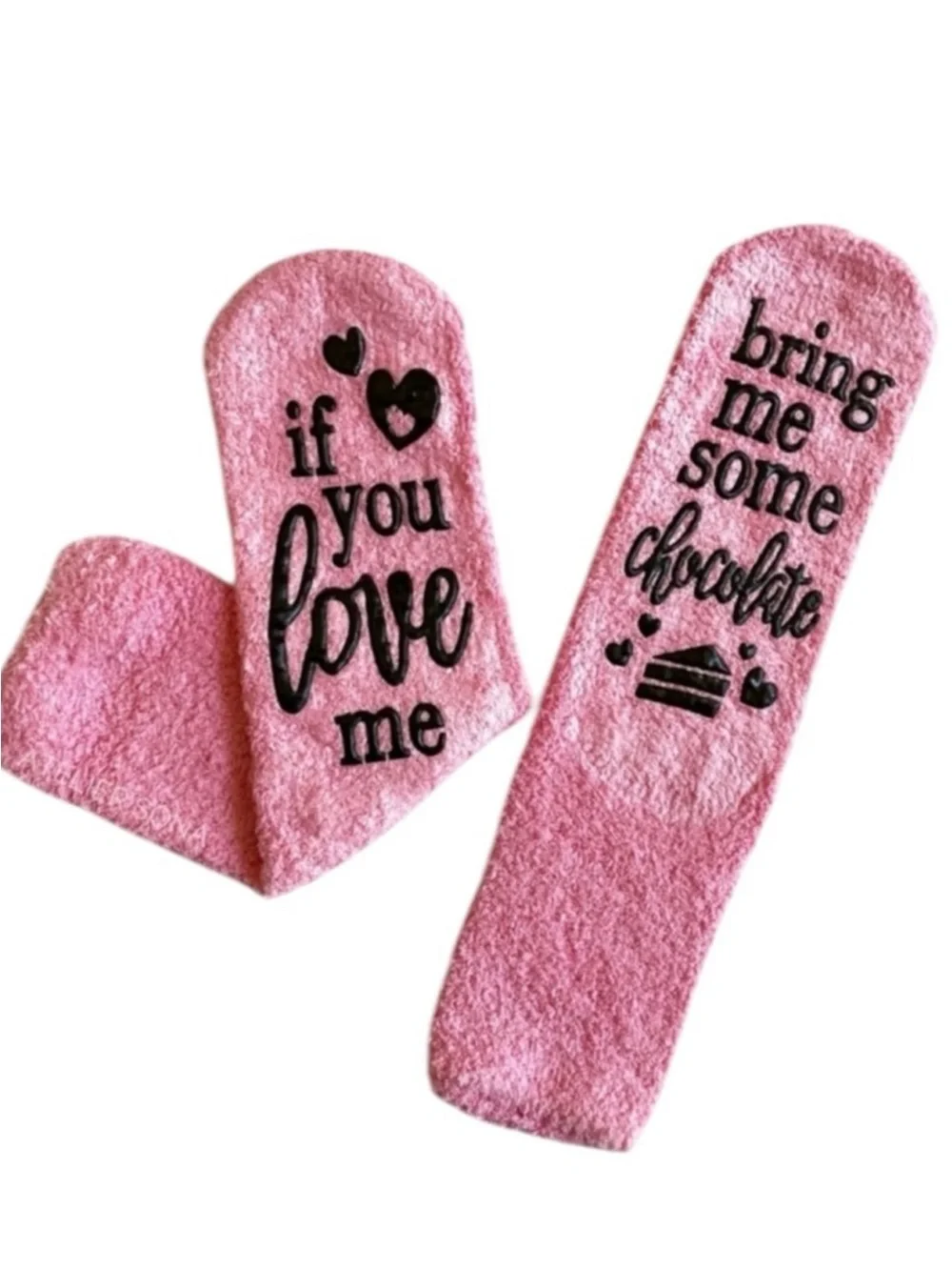 NWT Pink Fuzzy Anti Slip Socks If You Love Me Bring Me Chocolate Gift